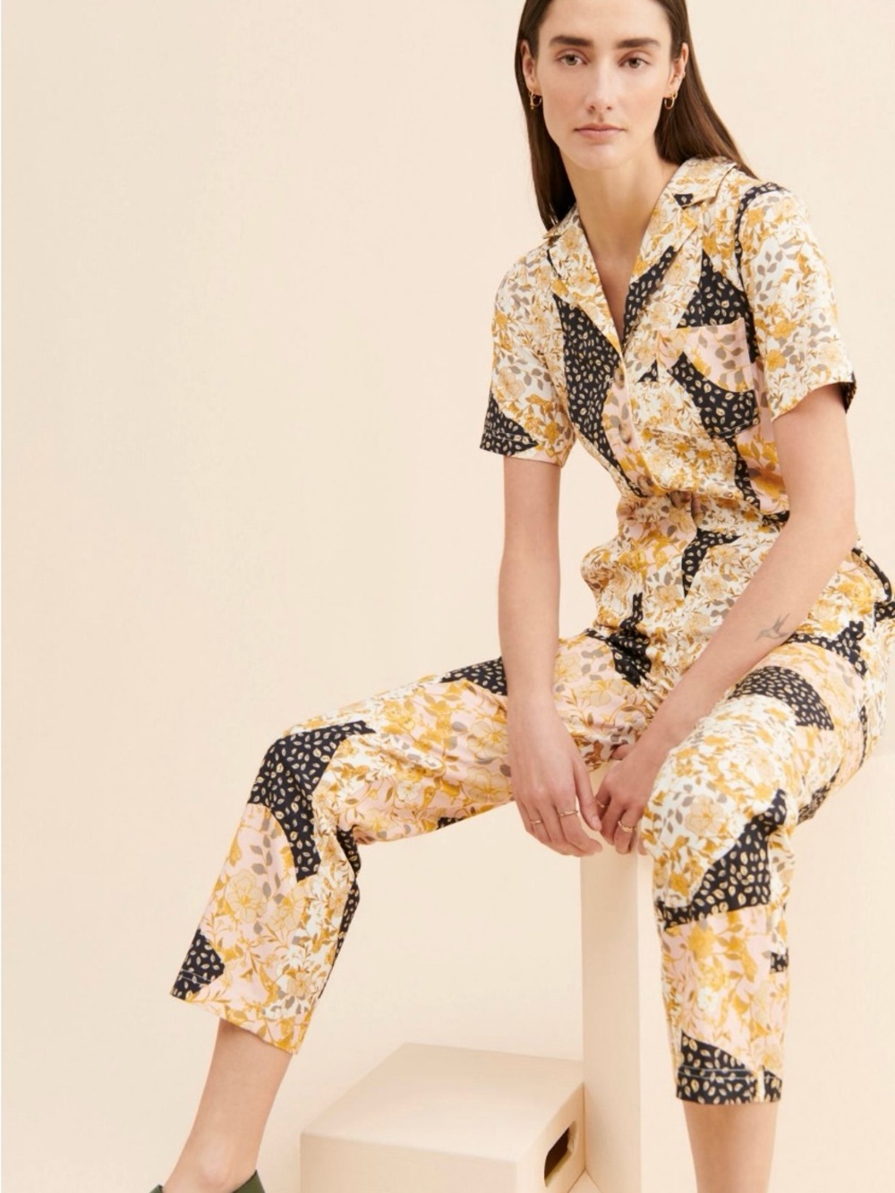 Greylin Yellow Floral Patchwork Short-Sleeve Jumpsuit